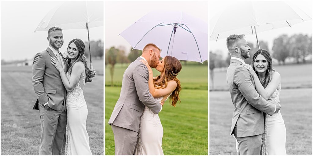 Collage of Zach and Ashleigh posing in the rain during Weyers Cave VA Wedding