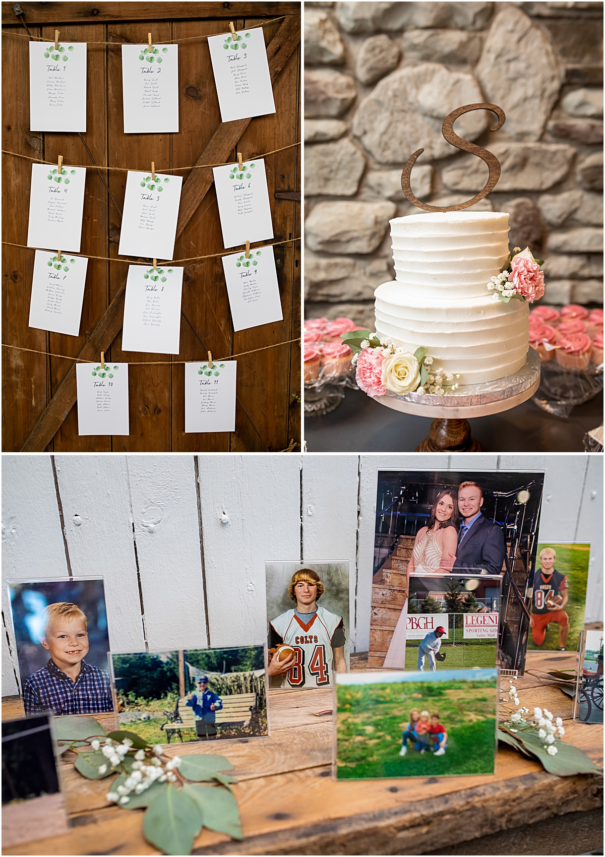 Collage of details - cake, notes, pictures - during Weyers Cave VA Wedding