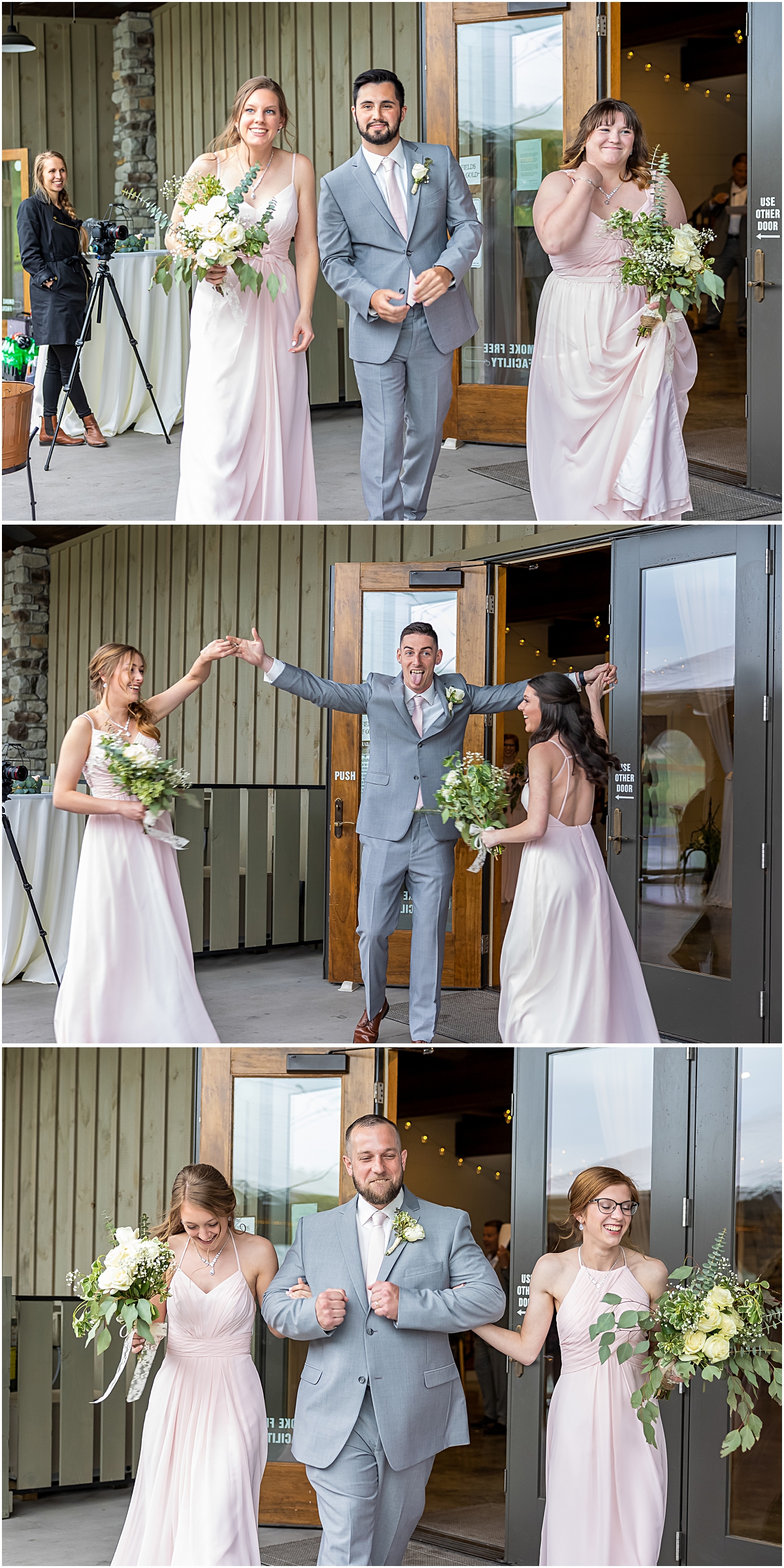 Collage of Zach posing with bridesmaids during Weyers Cave VA Wedding