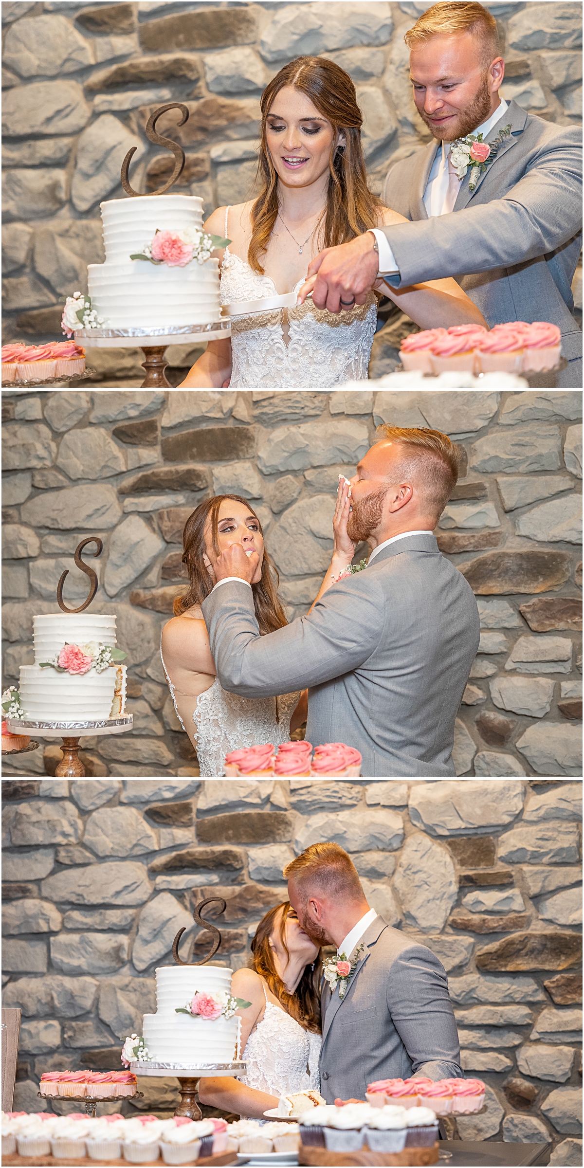 Collage of Ashleigh and Zach cutting the cake