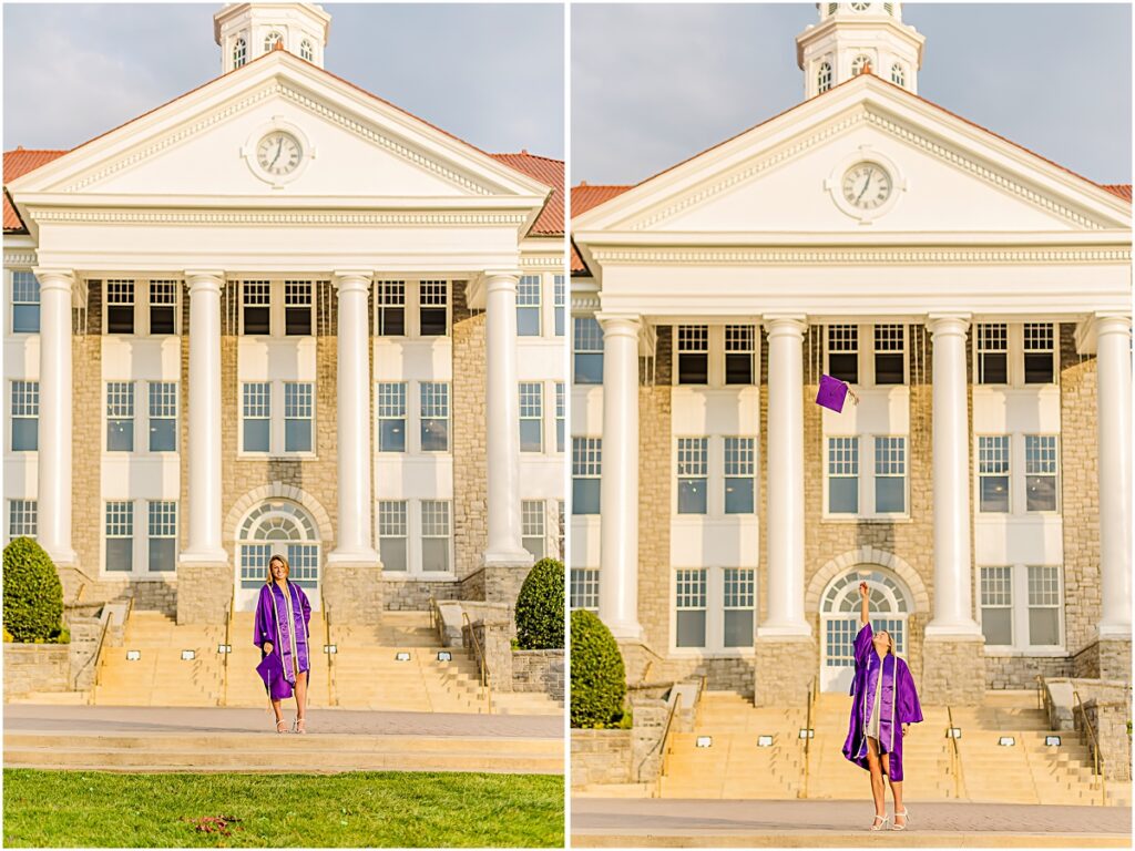 Collage of Savanah posing in front of a white columned building tossing her graduation hat in the air during a Senior Photography session