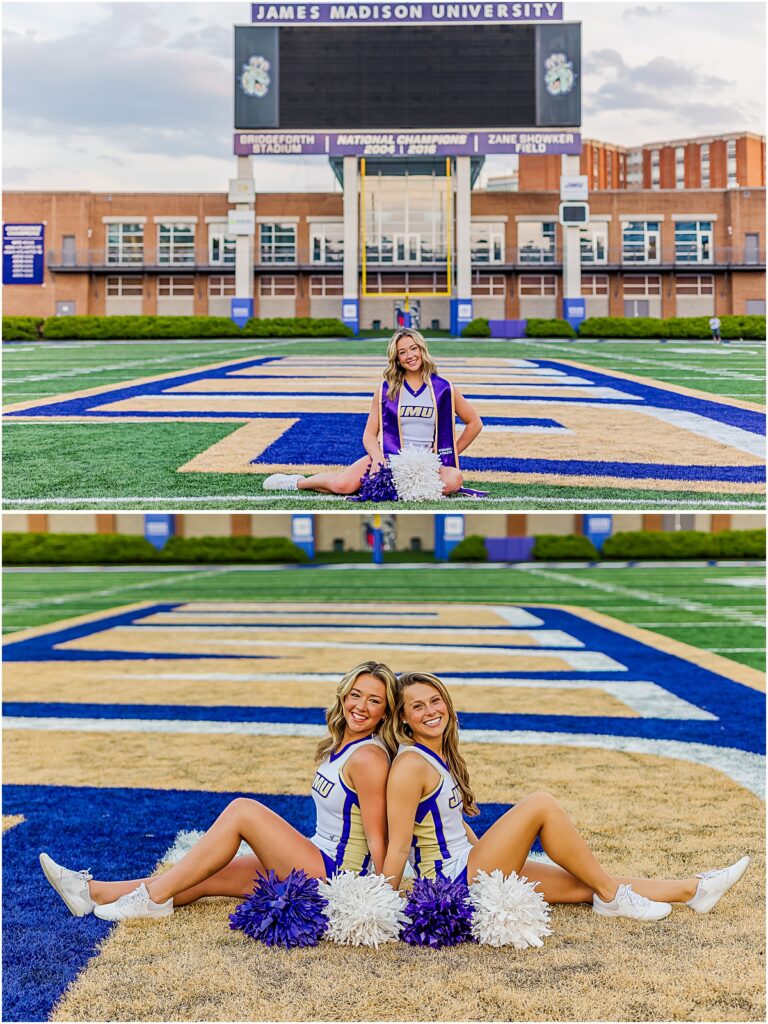 Collage of Savannah and her friend in cheerleading outfits on the football field 
