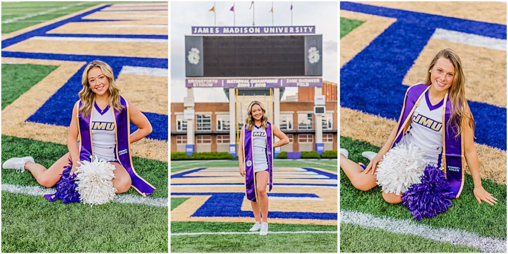 Collage of Savannah in her cheerleading outfit on the field during a Senior Photography session