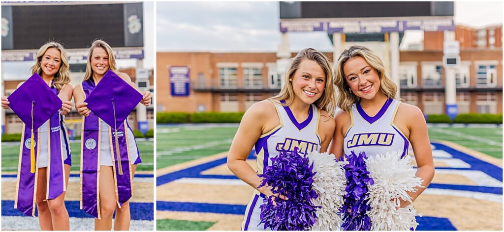 Collage of Savannah and her friend in cheerleading outfits posing with cap, stole, and pom-poms