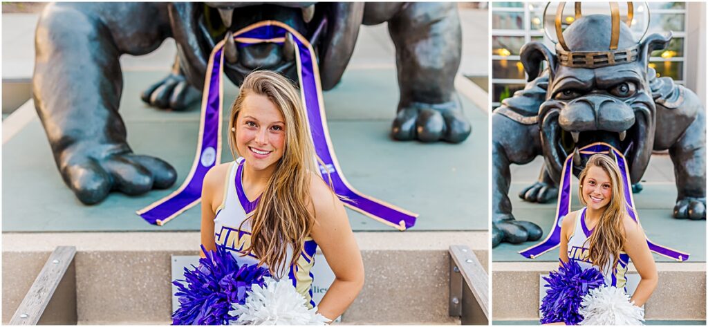 Savannah in her cheerleading outfit posing in front of the Duke Dog during a Senior Photography session