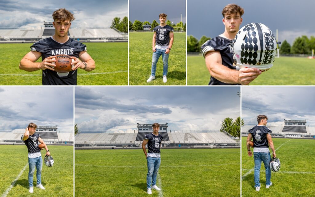 Collage of Sam posing in his football jersey on his school's football field