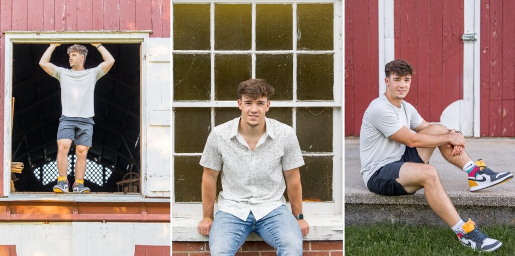 Collage of Sam posing in front of a barn and sitting on some metal steps during his rainy senior photoshoot