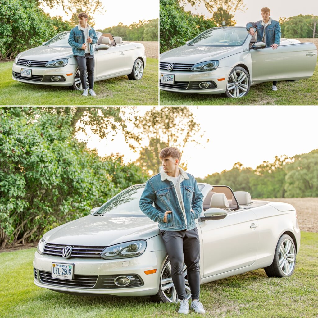Collage of the graduate posing with his car in a jean jacket during a rainy senior photoshoot