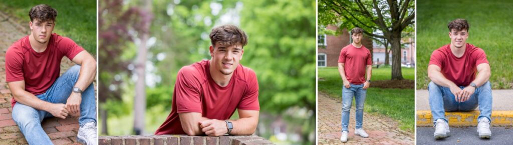 Collage of Sam posing standing and seated in a red t-shirt during a rainy senior photoshoot