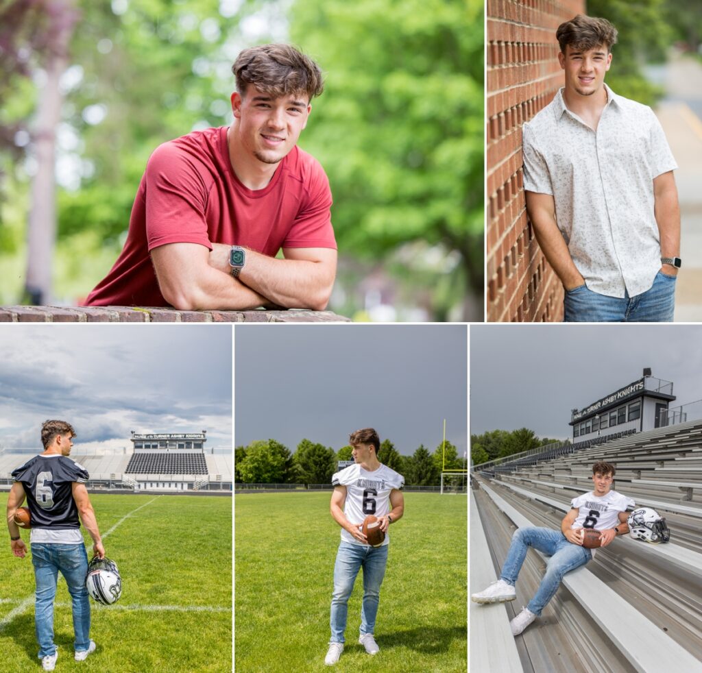 Collage of Sam posing in both his football jersey and in casual clothes during his rainy senior photoshoot