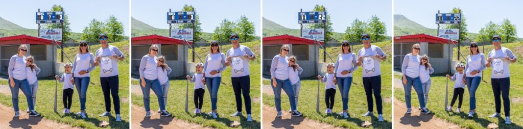 Horizontal collage of the Loan family posing in front of the scoreboard on a baseball field to announce their new baby, captured by a maternity photographer in Virginia