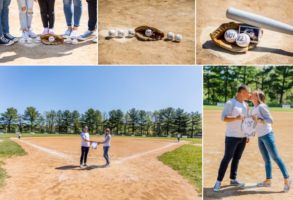Collage of the Loan family posing behind a catcher's mitt with baseballs of all their names including the new baby, captured by a maternity photographer in Virginia