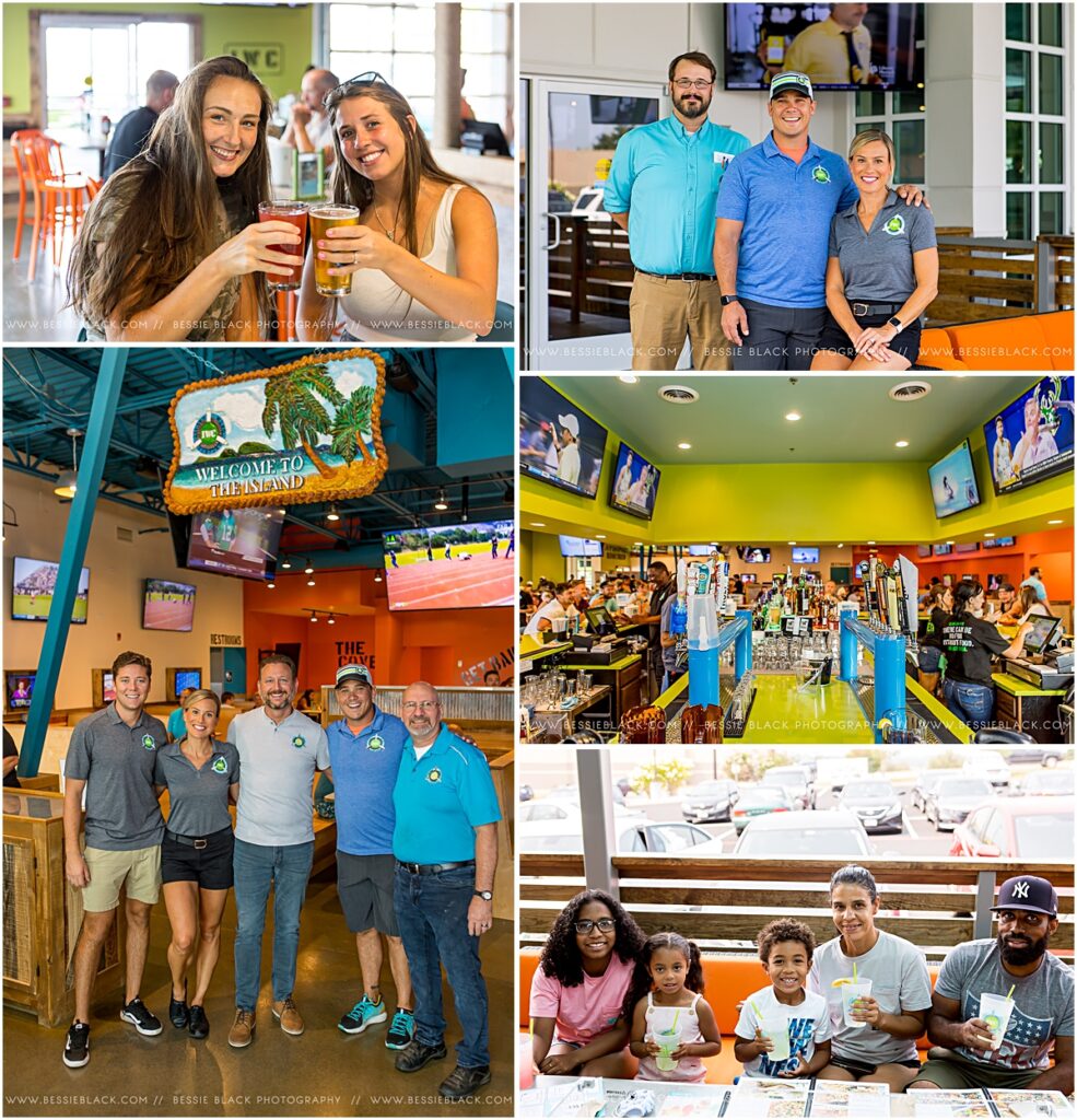Collage of customers enjoying their drinks along with the staff of the newly opened Island Wing Company in Harrisonburg.