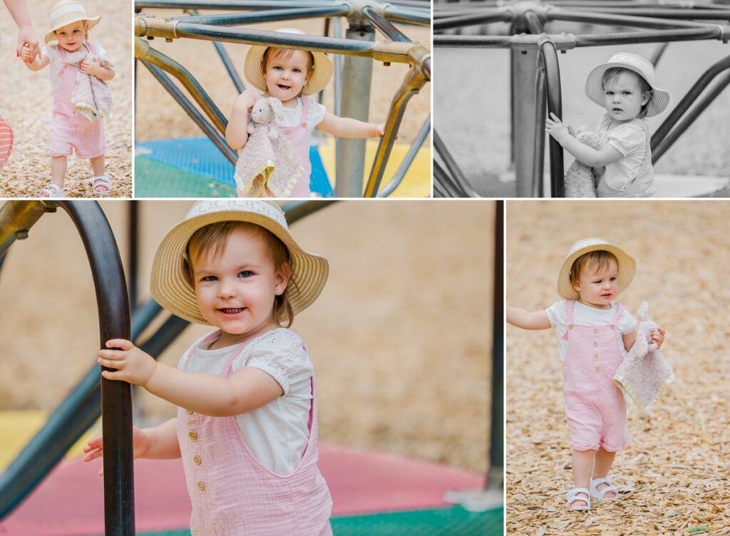 Collage of Abigail playing on the merry go round at the park, photos taken by a Virginia family photographer