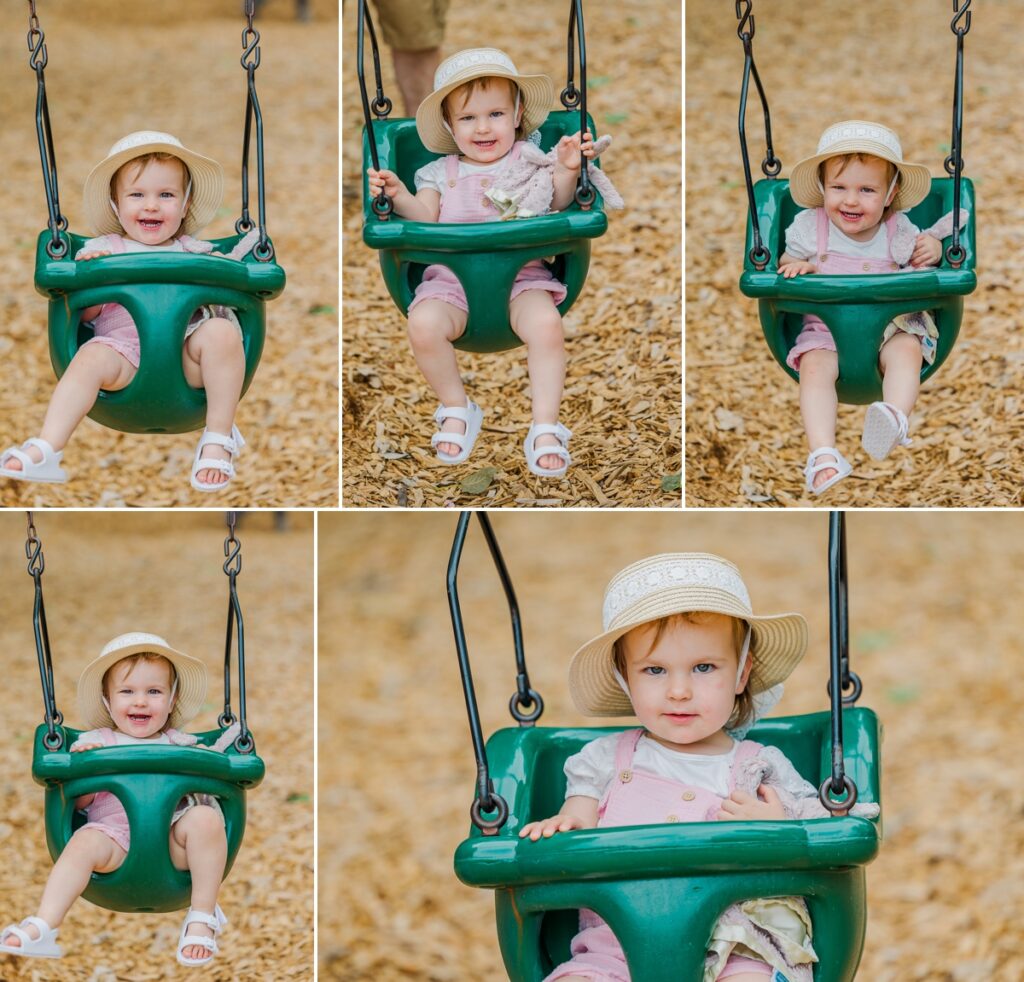 Collage of Abigail doing her favorite thing: swinging, photos taken by a Virginia family photographer