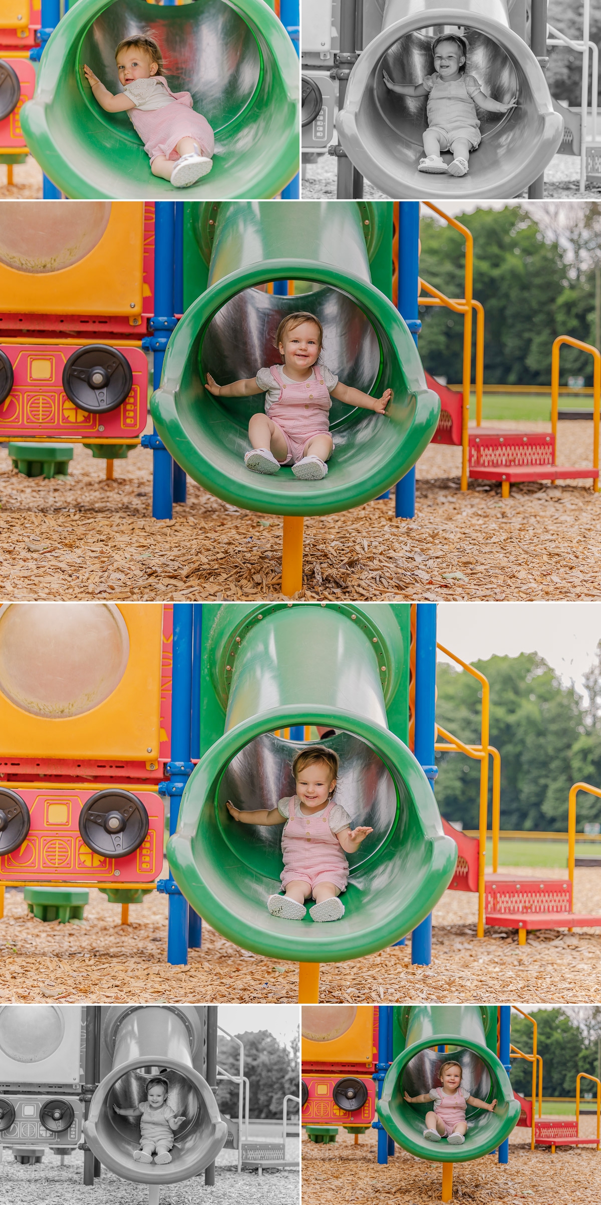 Collage of Abigail playing on a big slide