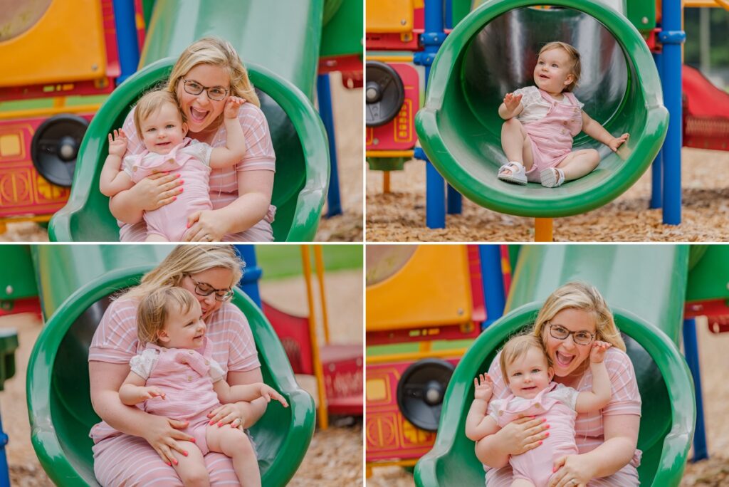 Abigail and her mom on the slide together, photos taken by a Virginia family photographer