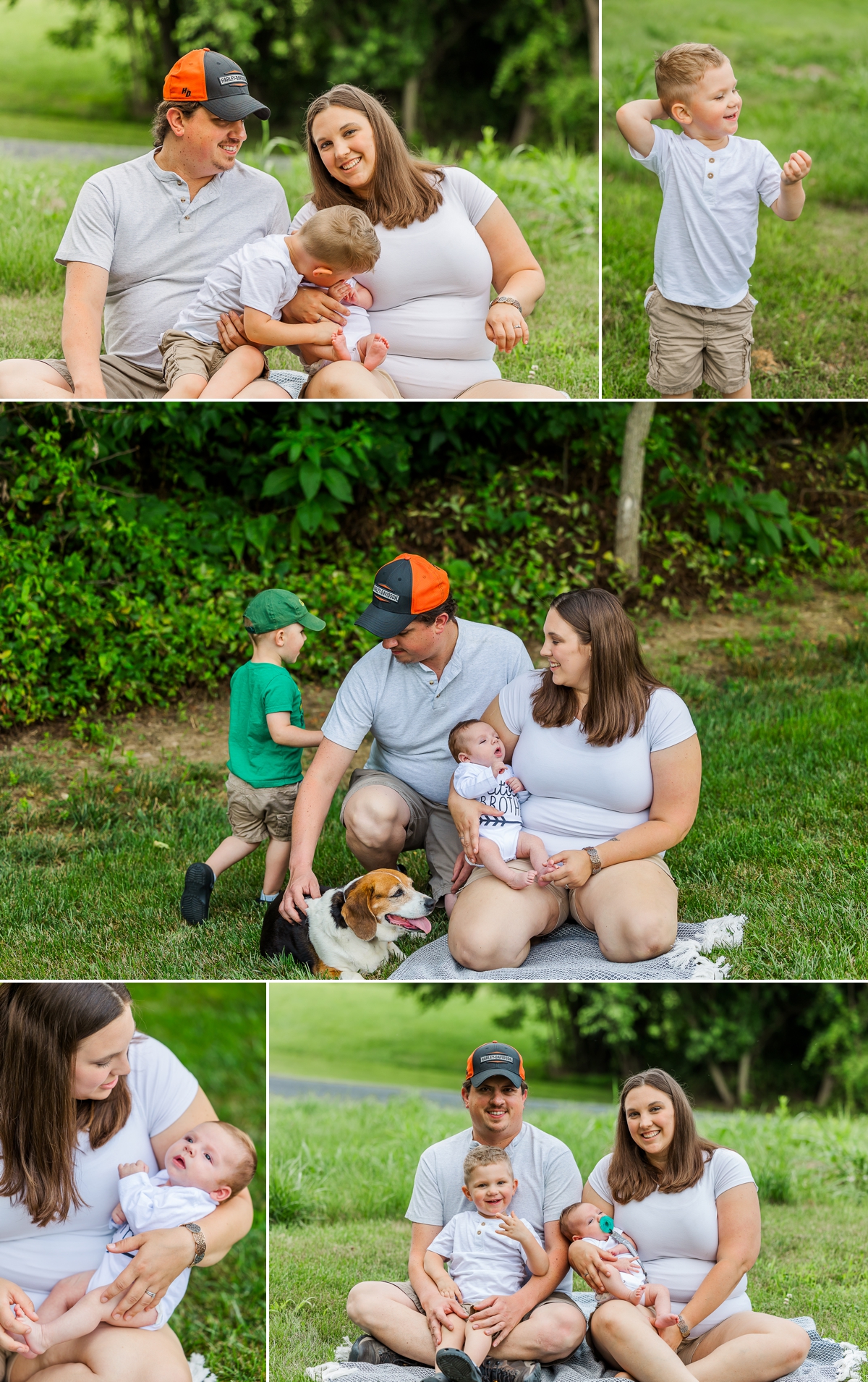 The whole family posing seated on a blanket while Levi runs around trying not to be in the pictures during their  Northern Virginia newborn photography session.