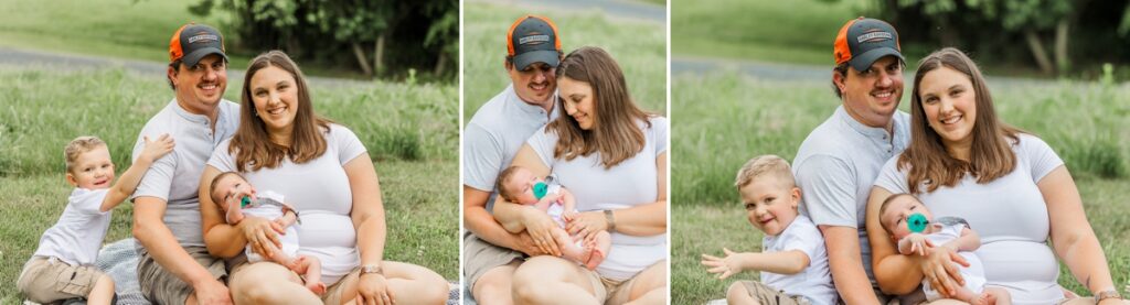 The whole family seated nicely on a blanket on a freshly cut lawn during a  Northern Virginia newborn photography session.