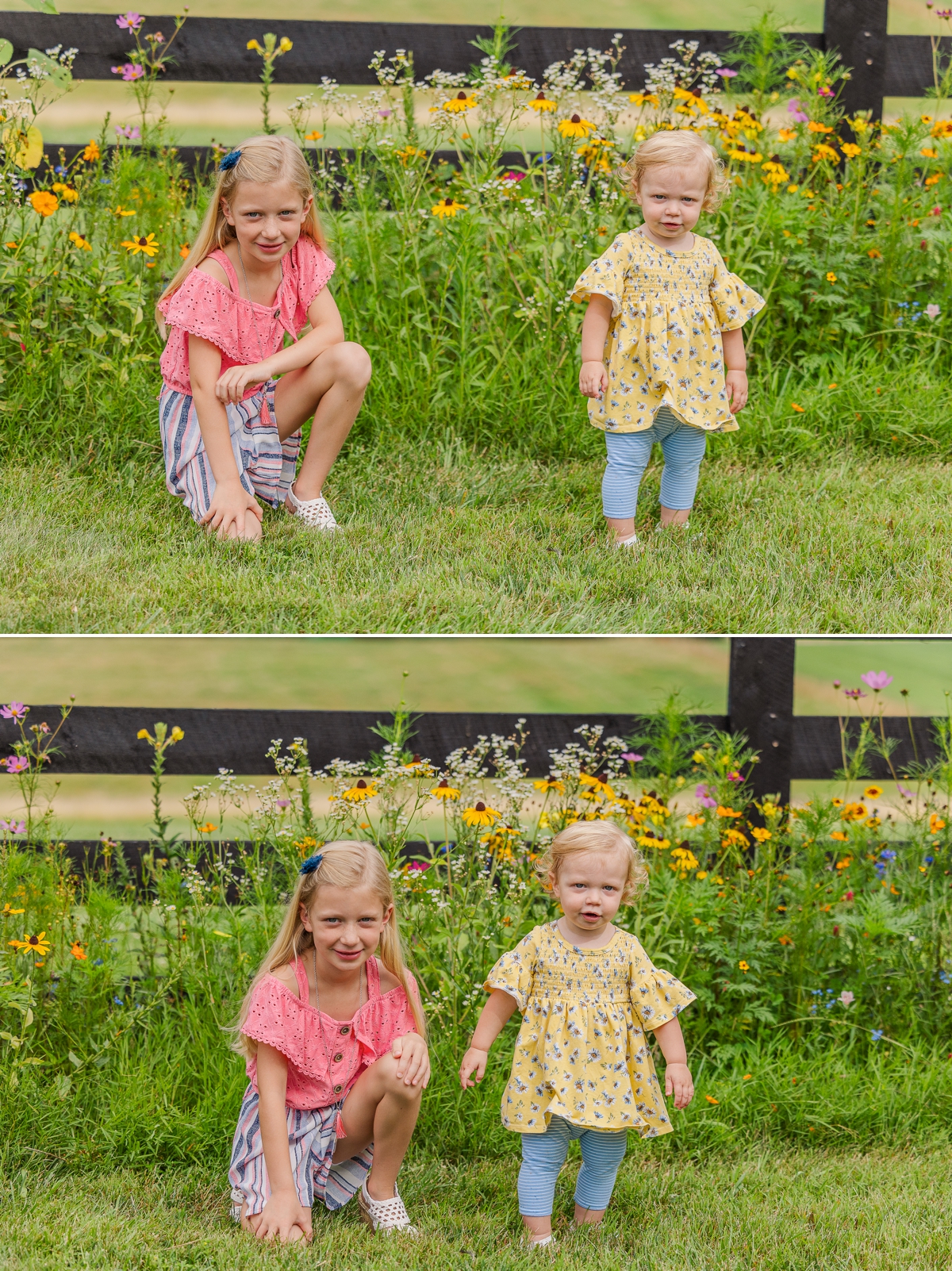 Lilah and Tessa posing in front of a patch of wildflowers; taken by photographers in Waynesboro VA