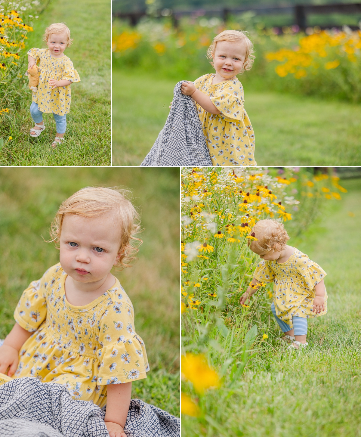 Lilah grabbing the blanket and walking around picking flowers; photo taken by photographers in Waynesboro VA